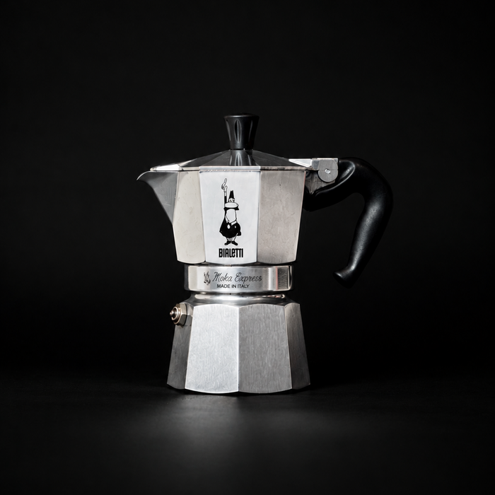 Bialetti Moka Express Espressokocher aus Edelstahl, mit Griff und Deckel, für aromatischen Kaffee.